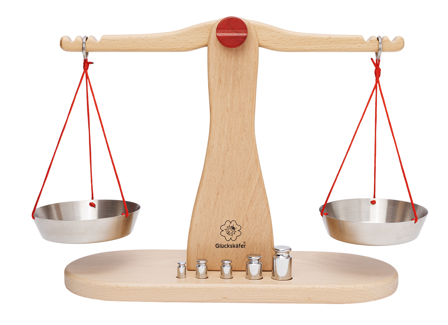 Holzwaage mit 5 Metallgewichten