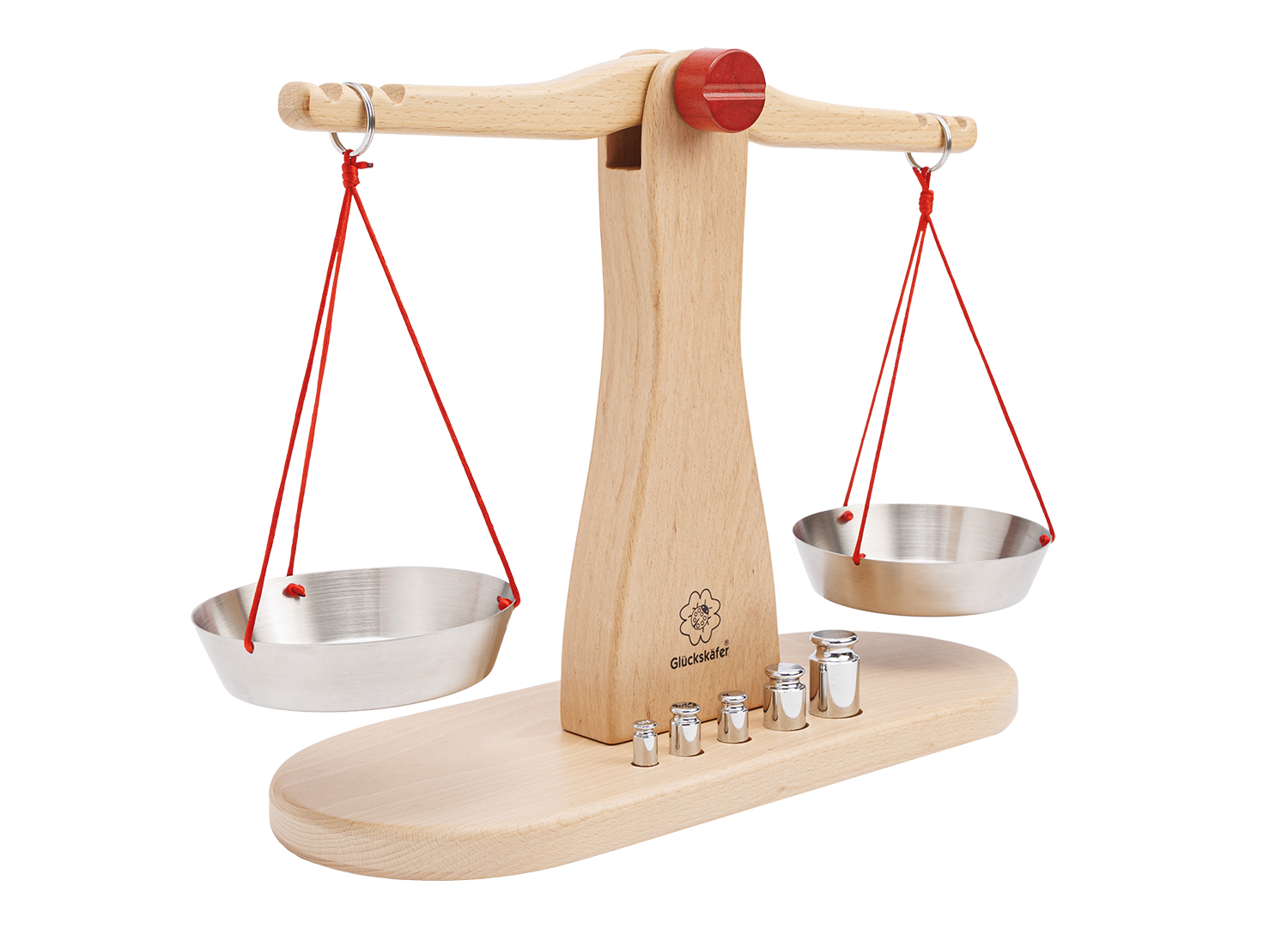 Holzwaage mit 5 Metallgewichten