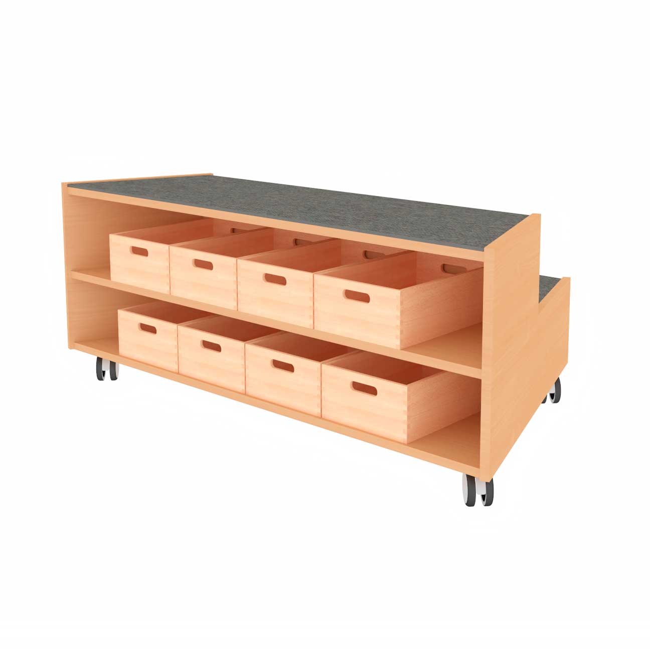 Stufentrapezpodest mit Tretfort Teppich fahrbar, 136 cm breit grau