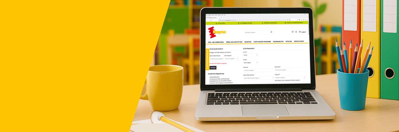Jetzt im Kundenkonto einloggen Auf dem Bildschirm des Laptops ist die Anmeldemaske zum Dusyma Onlineshop ersichtlich.