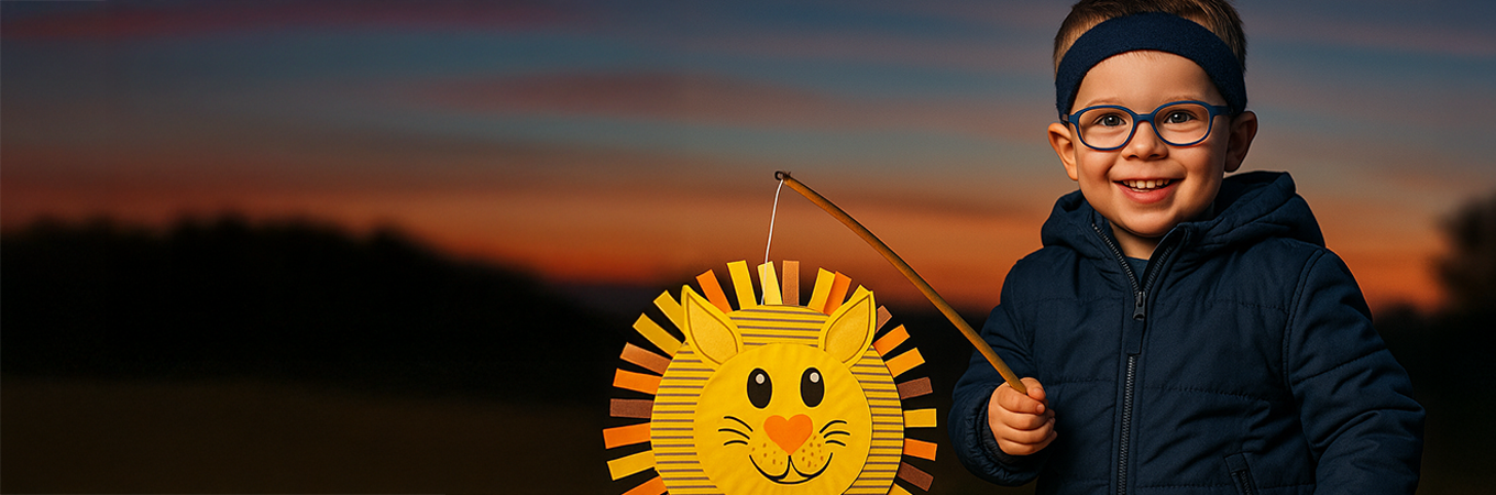 Kleiner Junge mit Löwenlaterne bei Sonnenuntergang