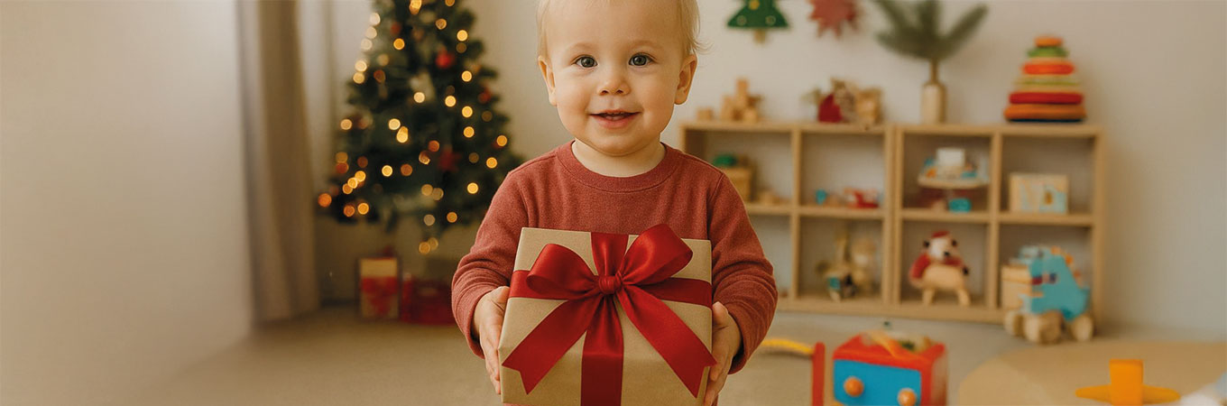 Junge hält ein Geschenk im Kindergartenraum.