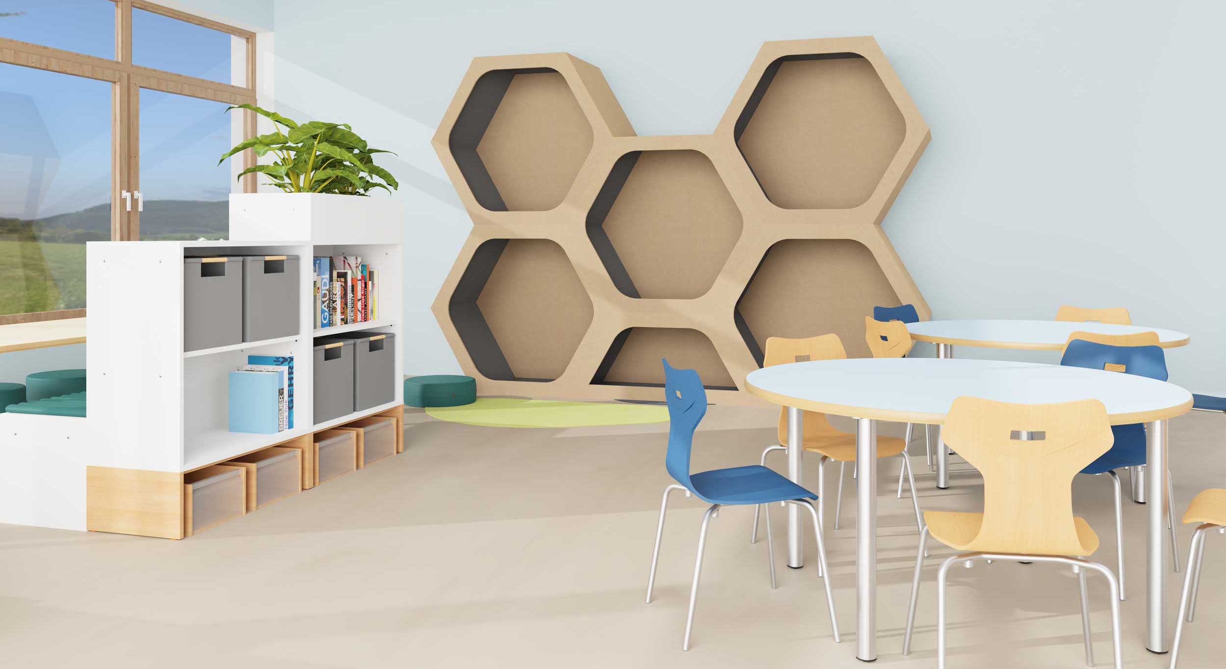 Lernwabe bei Dusyma Schulraum mit Lernwabe, Schränken und Tischen